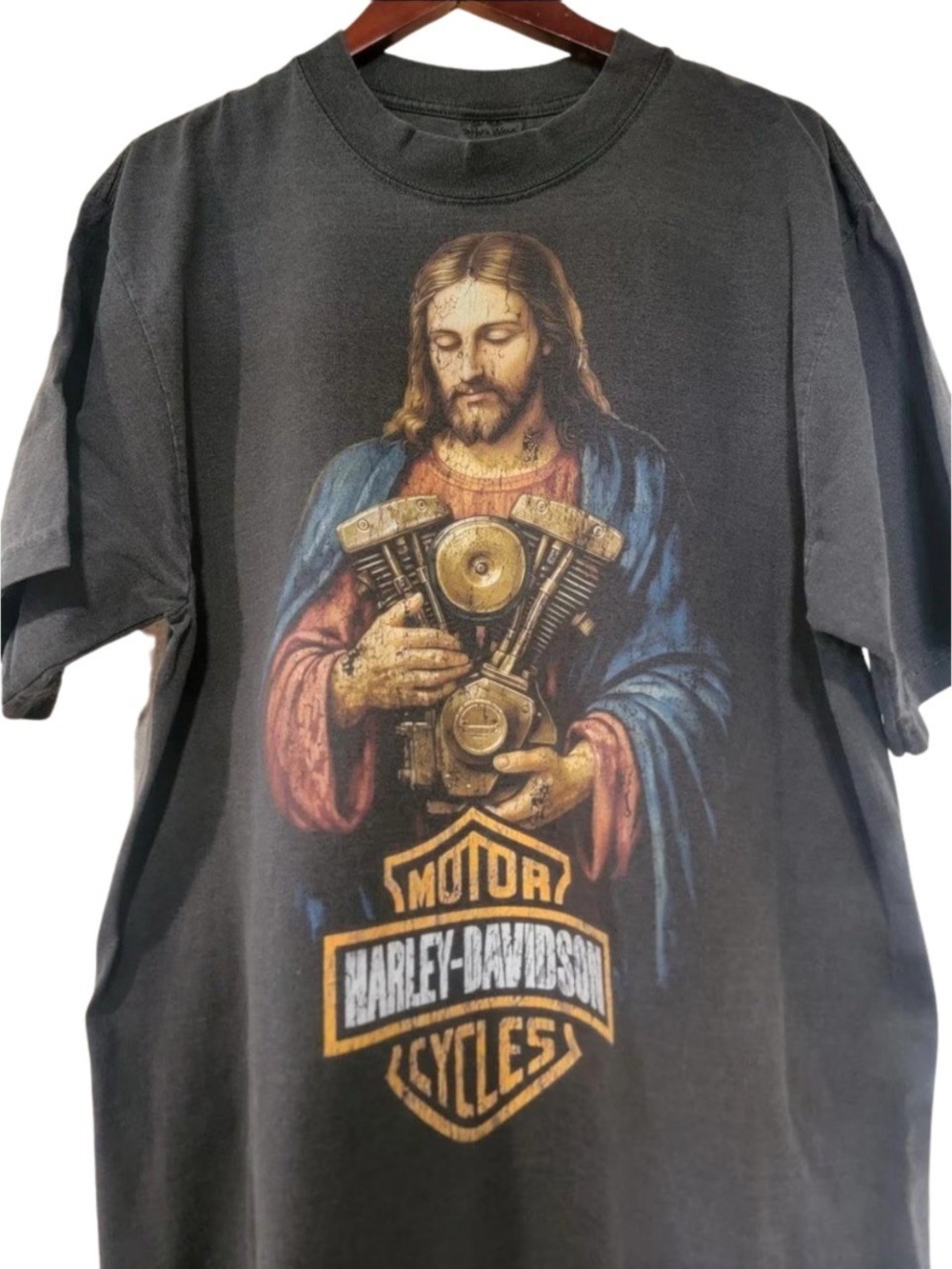 Vintage Harley Davidson Jesus Engine Graphic Black T-shirt